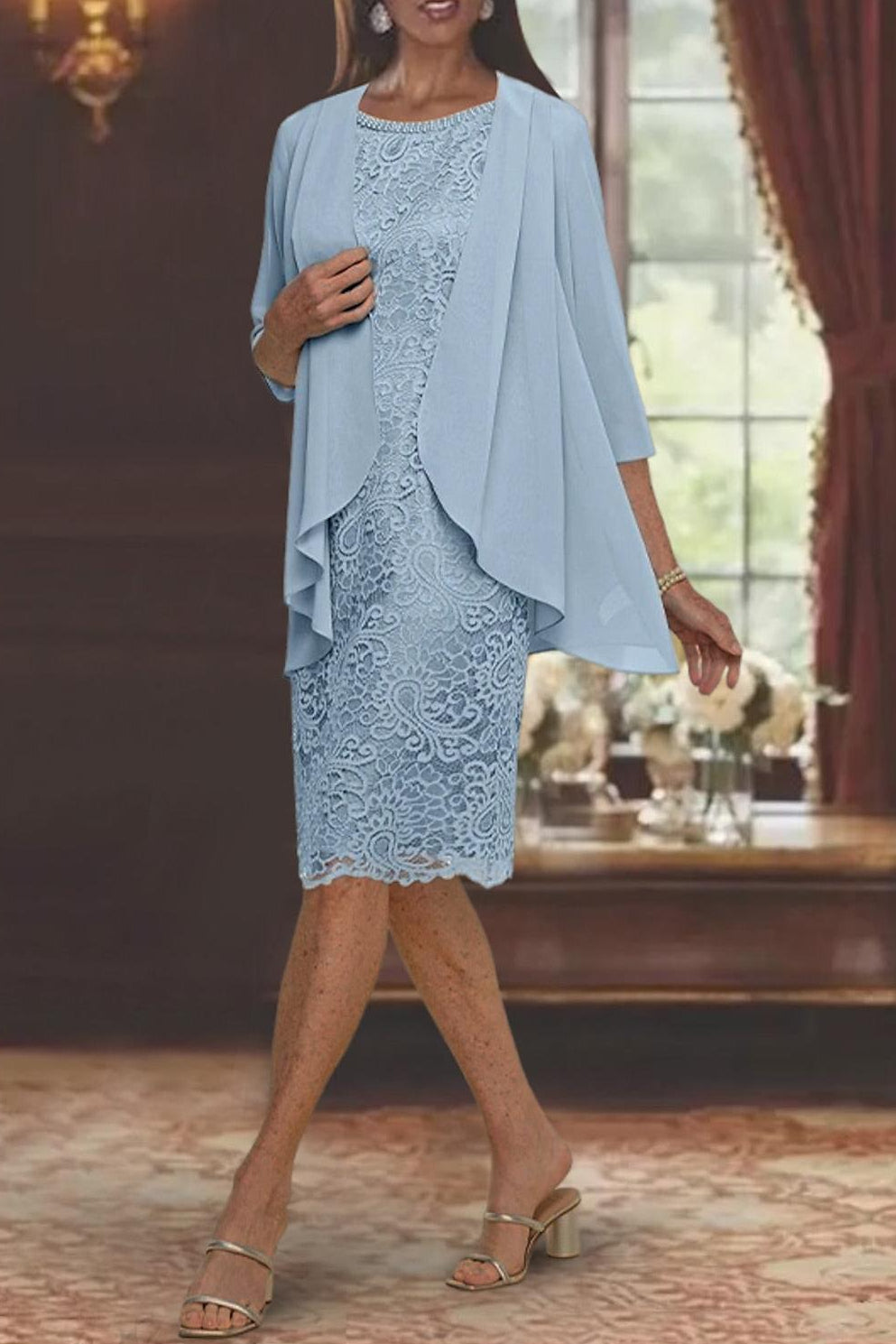 Tea Length Mother of the Bride Sheath Column Jewel Neck Dress