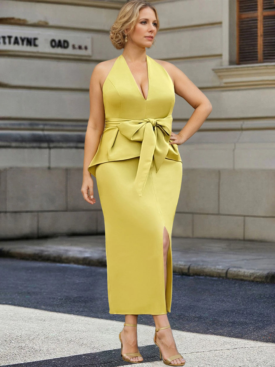 Tea Length Sleeveless Halter Mother of the Bride Dress with Bowknot