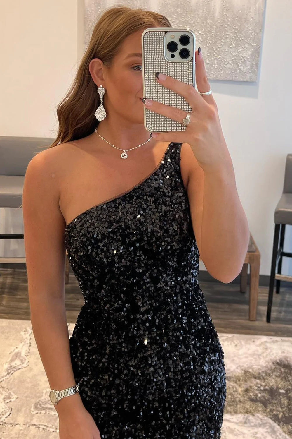 Tight Black Homecoming Dresses Sequin One Shoulder Prom Dress