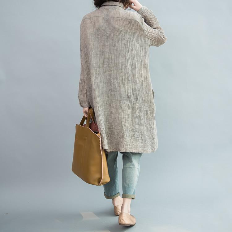 Gray pleated linen dresses oversize long sleeve linen blouses shift dress