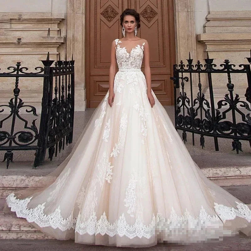 Transparent Champagne Bride with Removable Pearl Belt Sleeveless Bare Back Lace2023 Series wedding dress (ZD13300)