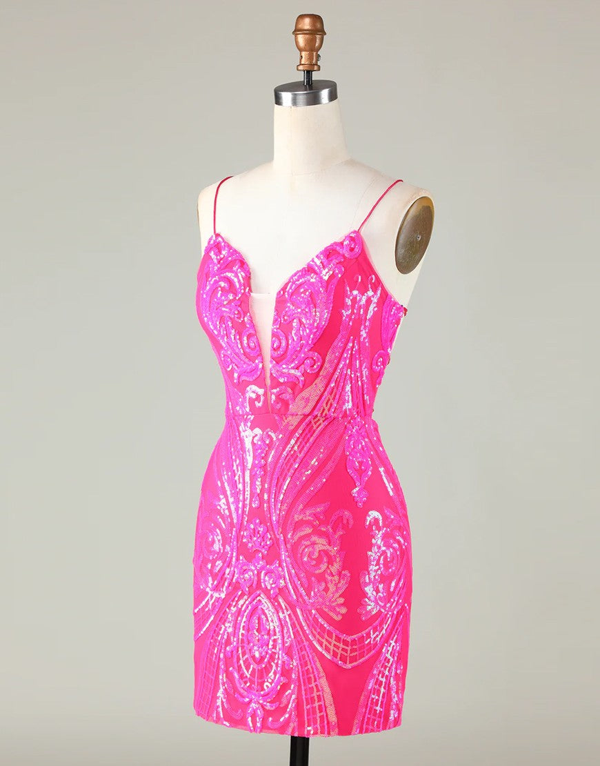 Trend Hot Pink Lace Up Tight Glitter Homecoming Dress - View 5 | VelvetHem