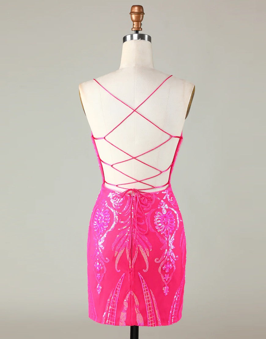 Trend Hot Pink Lace Up Tight Glitter Homecoming Dress - View 4 | VelvetHem