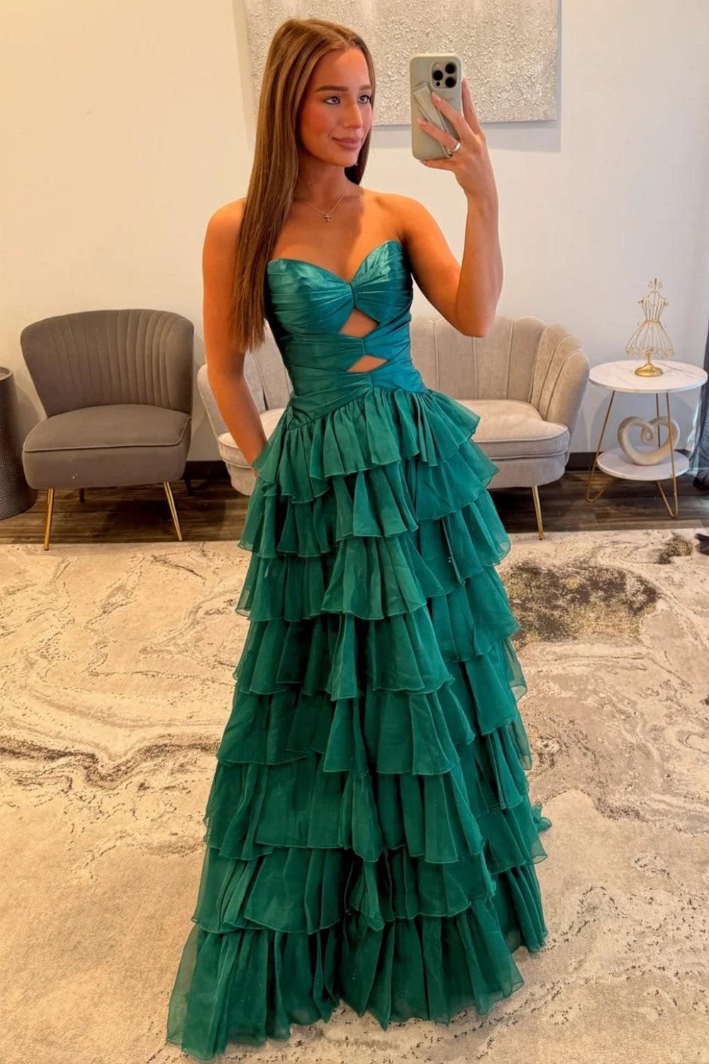 A Line Sweetheart Hot Pink Long Prom Dress With Ruffles Keyhole Formal Evening Gown
