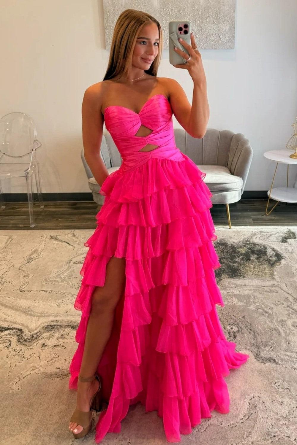 A Line Sweetheart Hot Pink Long Prom Dress With Ruffles Keyhole Formal Evening Gown