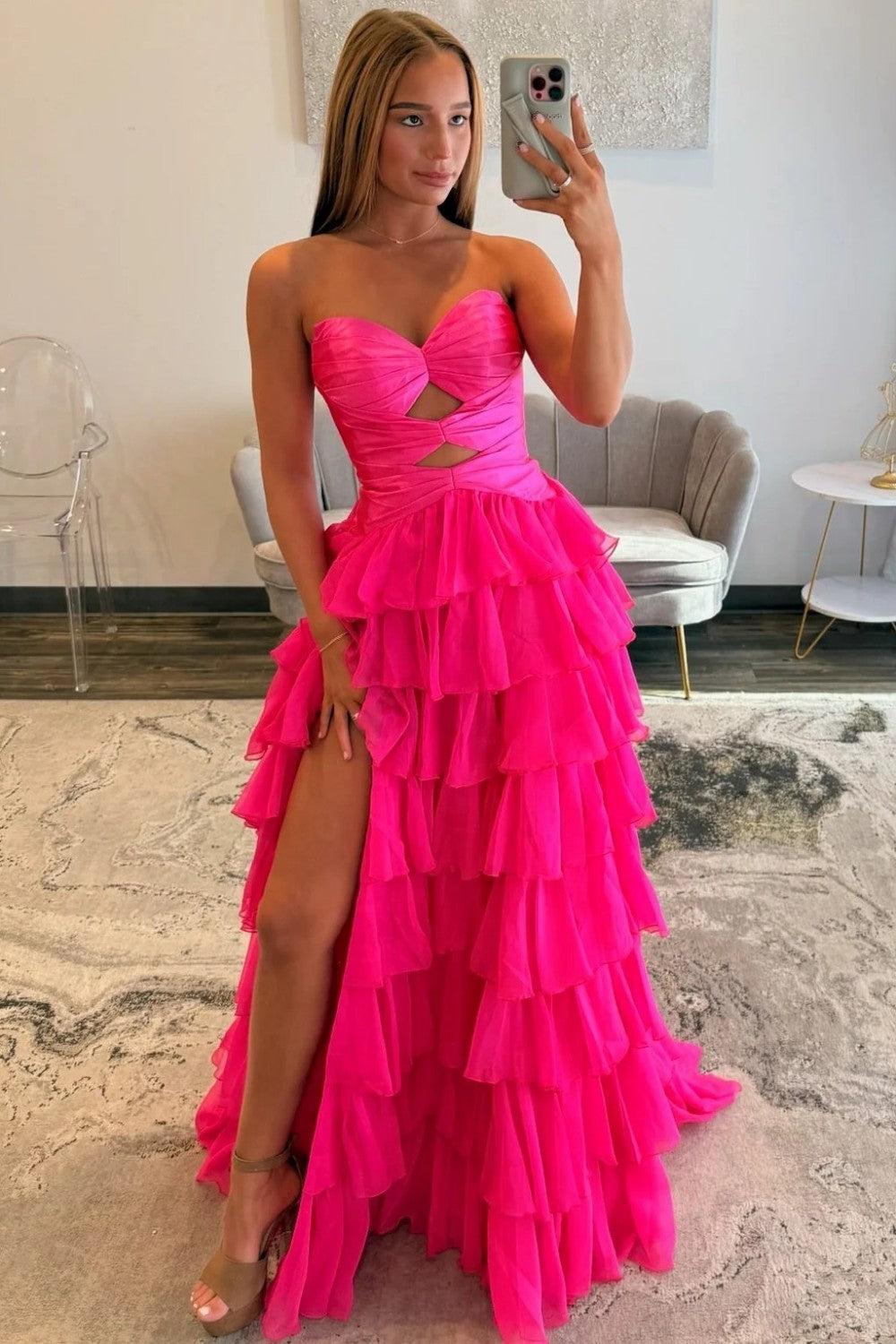 A Line Sweetheart Hot Pink Long Prom Dress With Ruffles Keyhole Formal Evening Gown