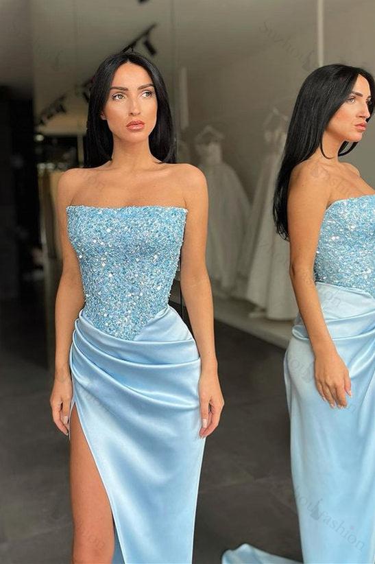 Trendy Sky blue Strapless Sequin Top High split Evening Prom Dresses