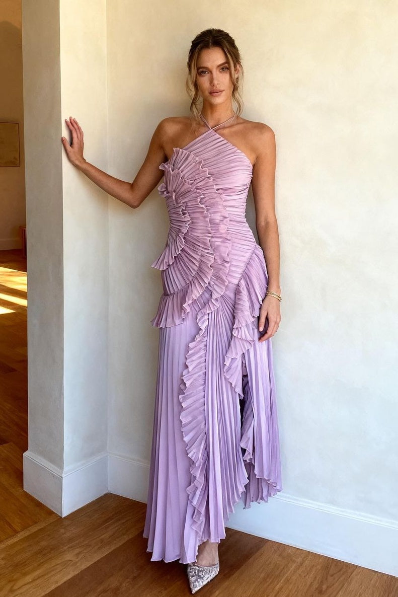 Trendy A Line Halter Neck Pink Long Prom Dress with Ruffles