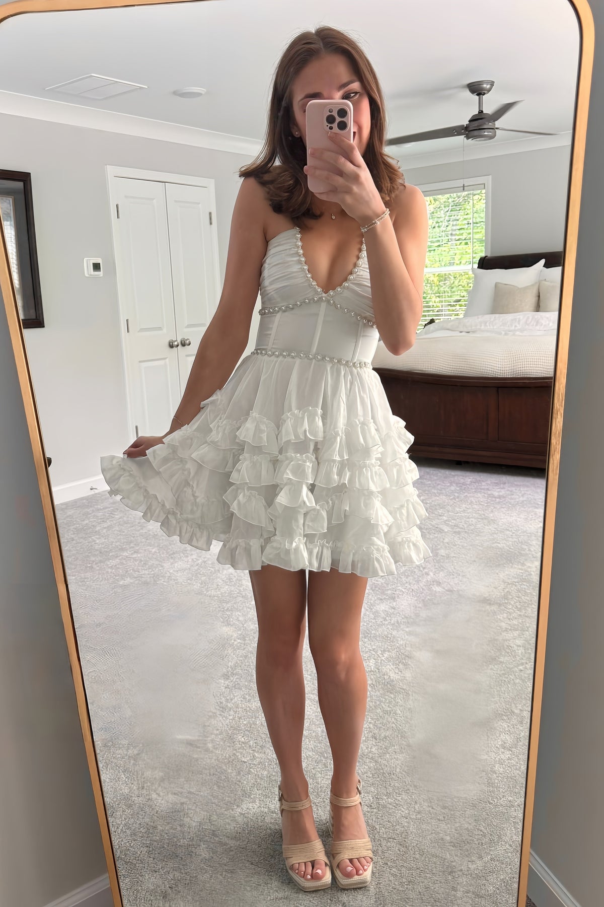 Trendy A Line Halter Neck White Short Homecoming Dress with Pearls Ruffles