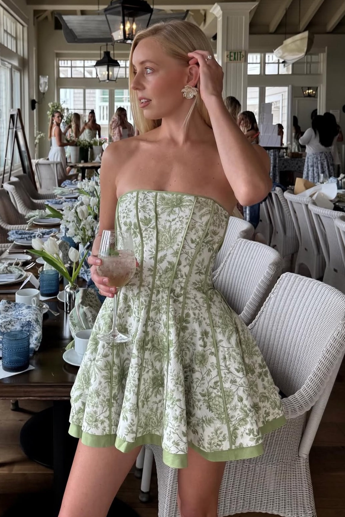 Modern Sheath Strapless Green Floral Printed Corset Homecoming Dress