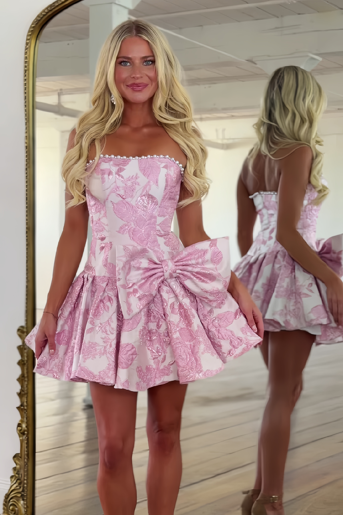 Trendy A Line Strapless Pink Short Homecoming Dress with Pearls Bowknot