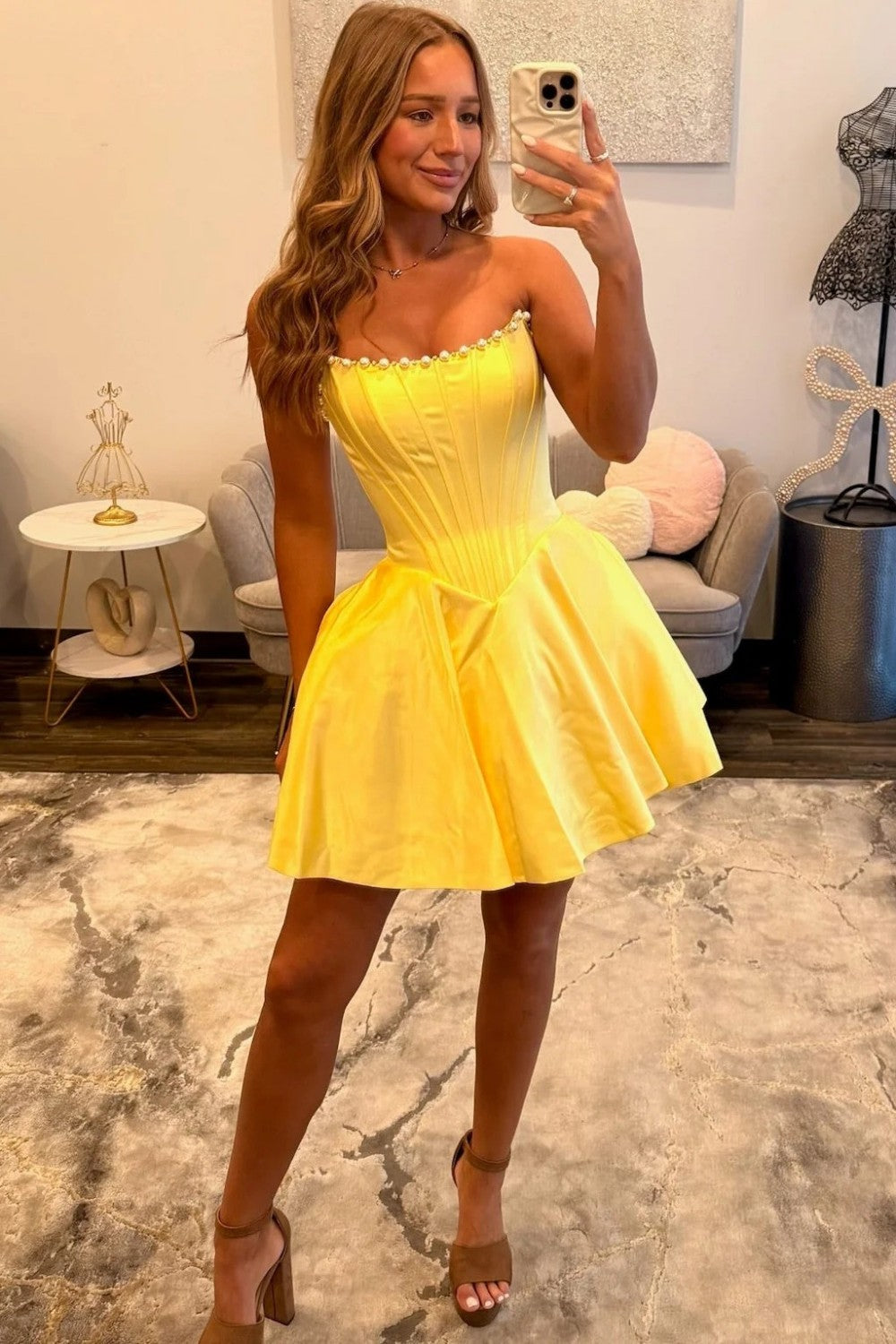 Trendy A Line Strapless Yellow Corset Homecoming Dress with Pearls