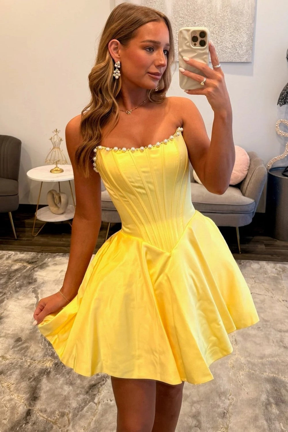 Trendy A Line Strapless Yellow Corset Homecoming Dress with Pearls