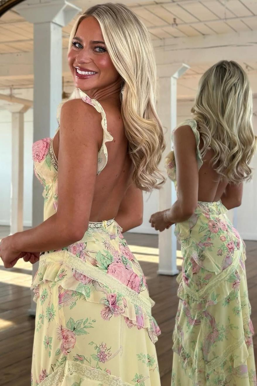 Beautiful Mermaid Spaghetti Straps Floral Print Yellow Long Prom Dress with Ruffles - View 4 | VelvetHem
