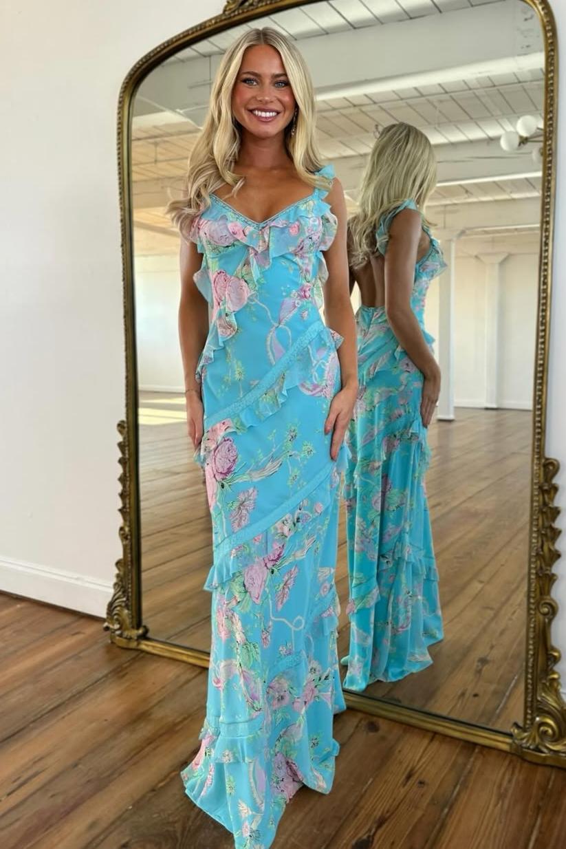 Beautiful Mermaid Spaghetti Straps Floral Print Yellow Long Prom Dress with Ruffles - View 5 | VelvetHem