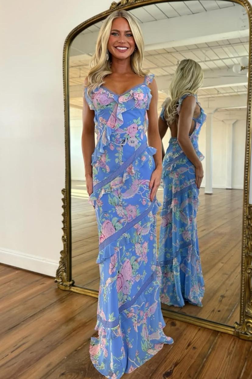 Beautiful Mermaid Spaghetti Straps Floral Print Yellow Long Prom Dress with Ruffles - View 9 | VelvetHem