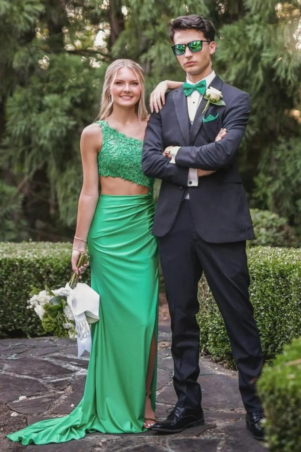 Trendy Mermaid One Shoulder Green Long Prom Dress with Appliques Keyhole