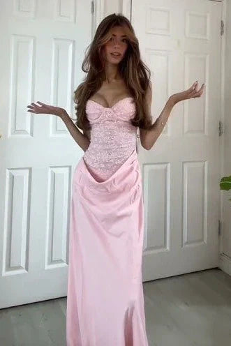 Trendy Mermaid Spaghetti Straps Light Pink Long Prom Dress with Lace