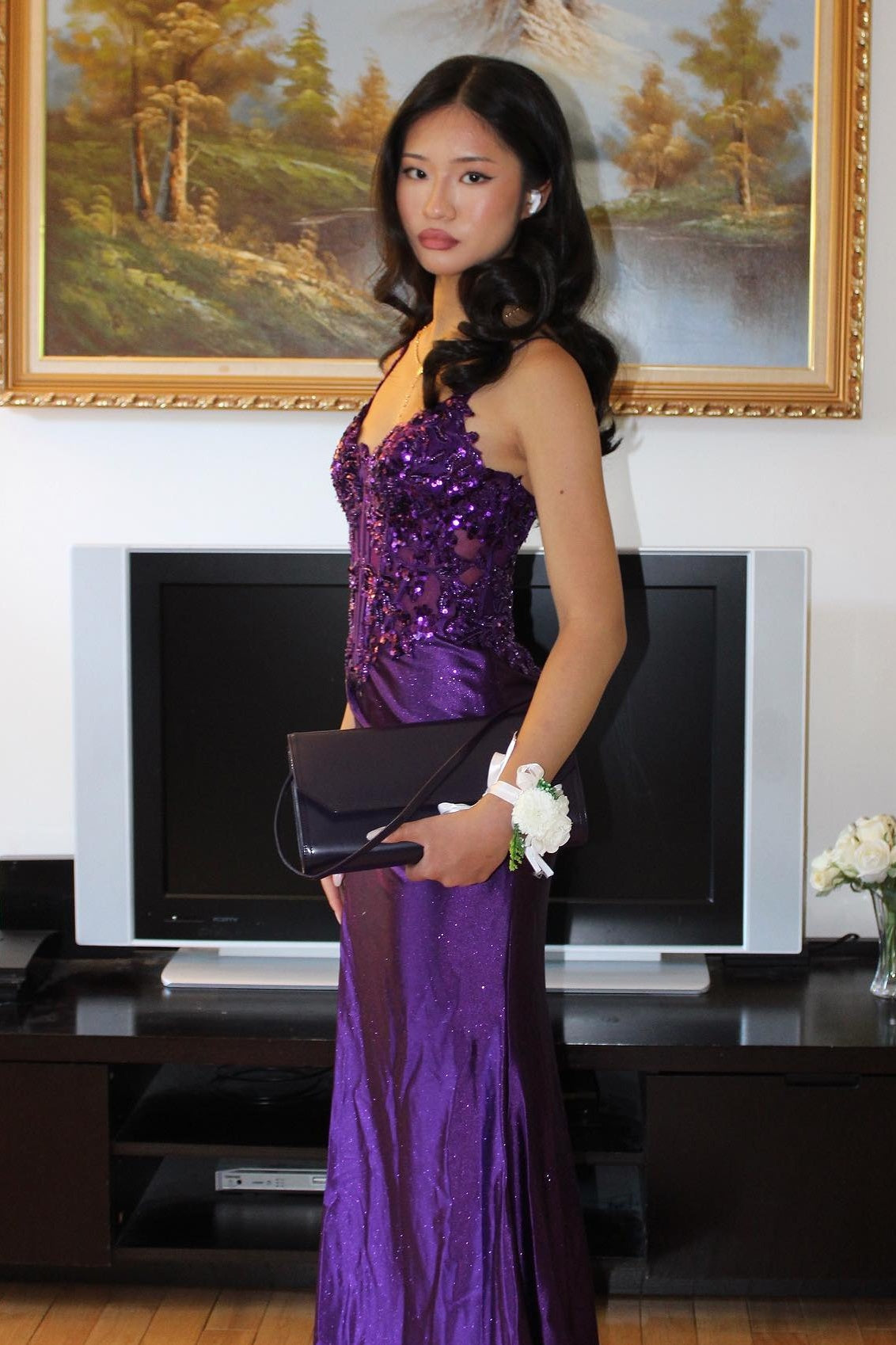 Chic Mermaid Spaghetti Straps Purple Corset Prom Dress with Appliques - View 2 | VelvetHem