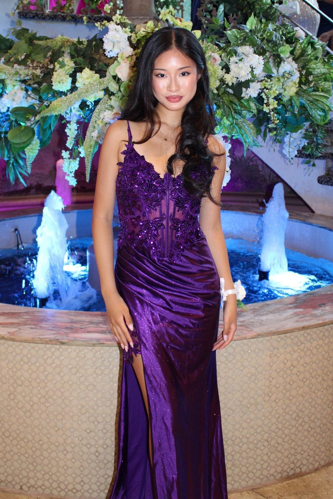 Chic Mermaid Spaghetti Straps Purple Corset Prom Dress with Appliques - View 3 | VelvetHem