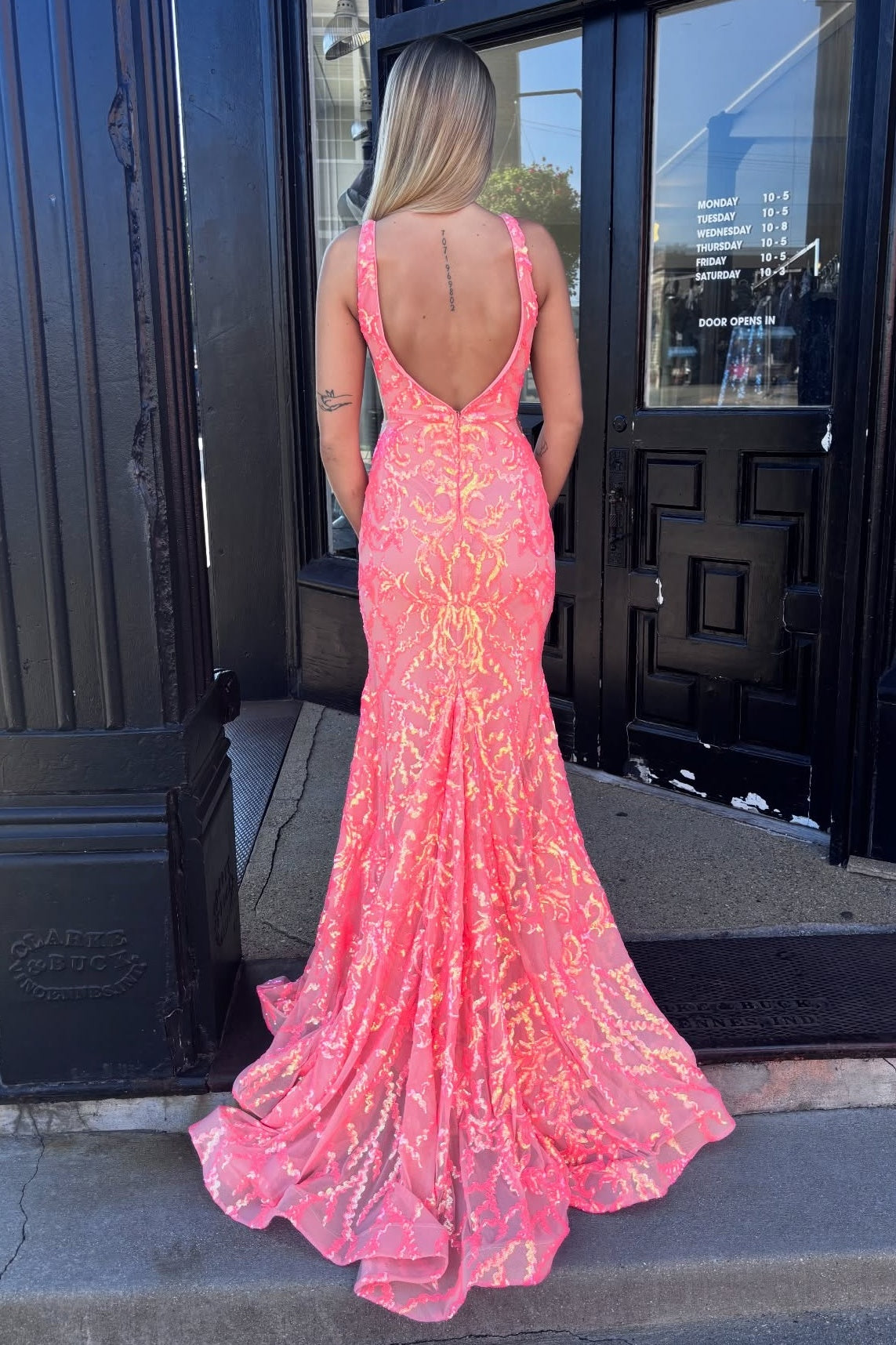 Trendy Mermaid V Neck Orange Long Prom Dress with Train - View 2 | VelvetHem