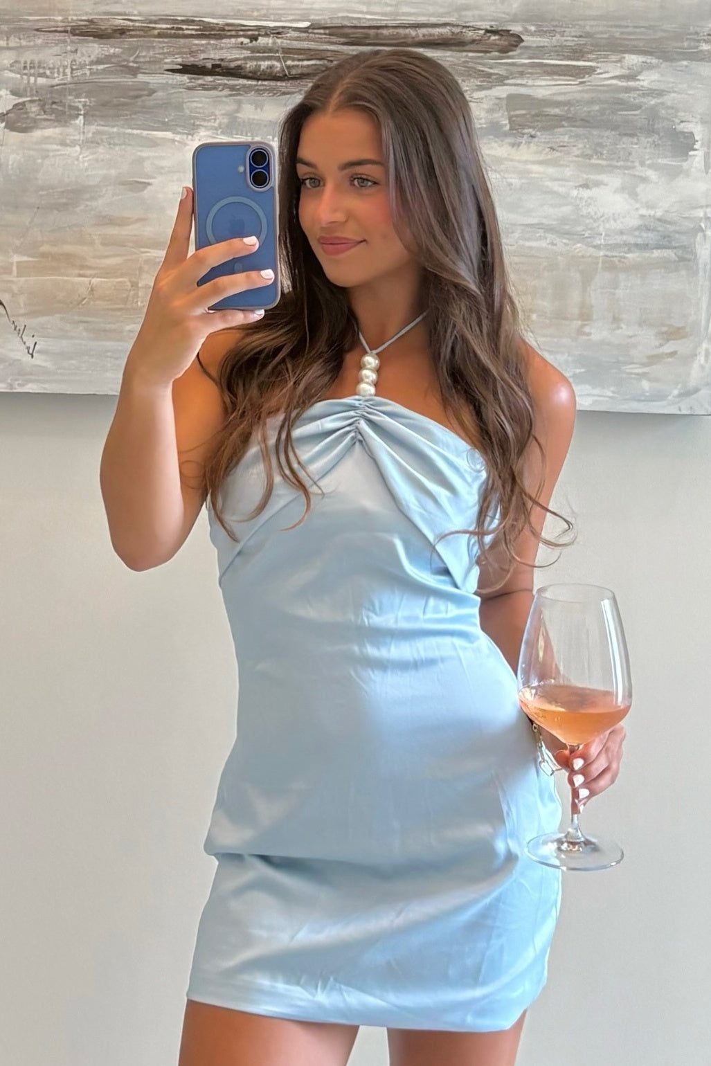 Trendy Sheath Halter Neck Light Blue Short Homecoming Dress with Pearls