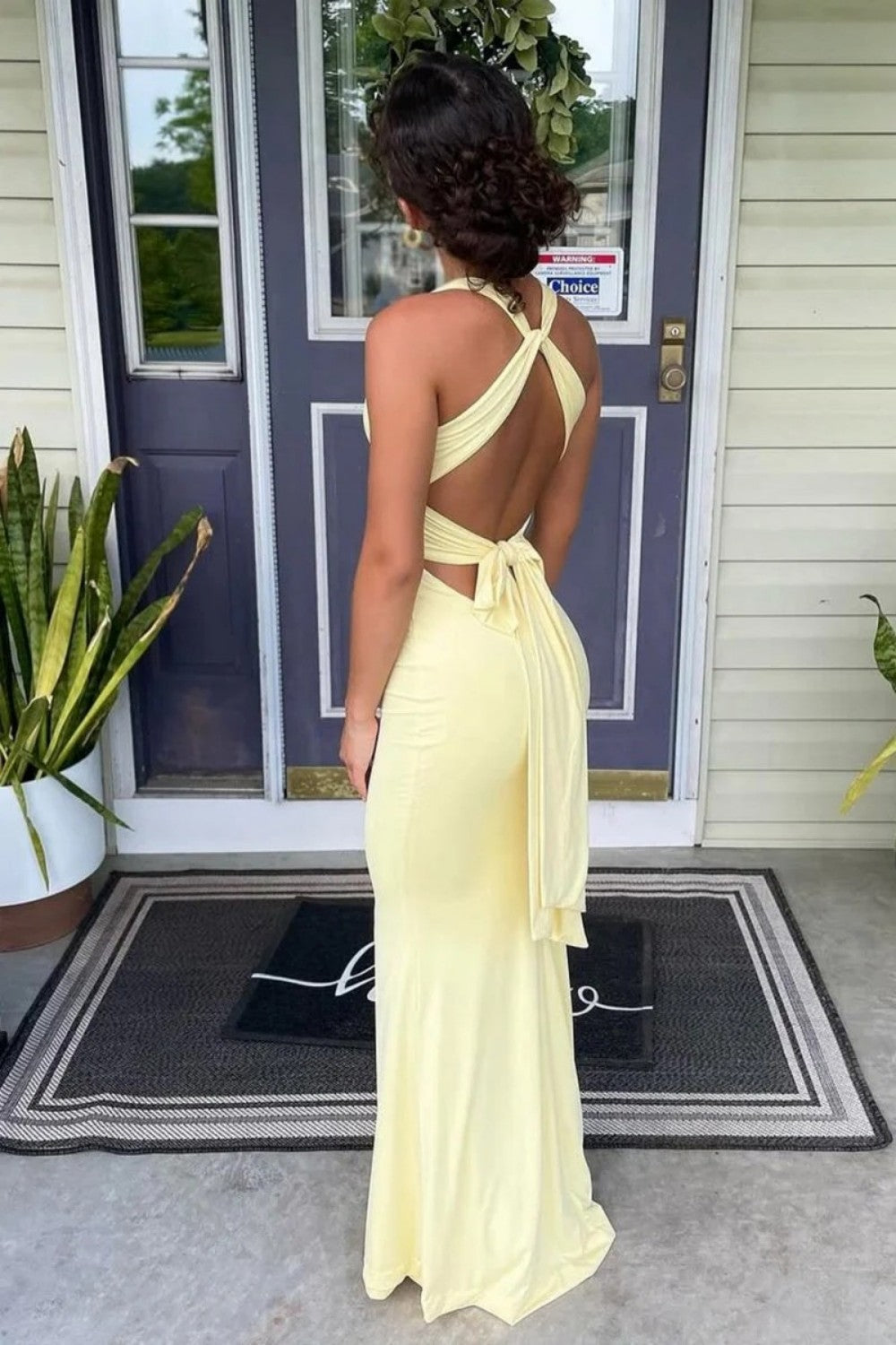 Trendy Sheath Halter Neck Yellow Long Prom Dress with Criss Cross Back