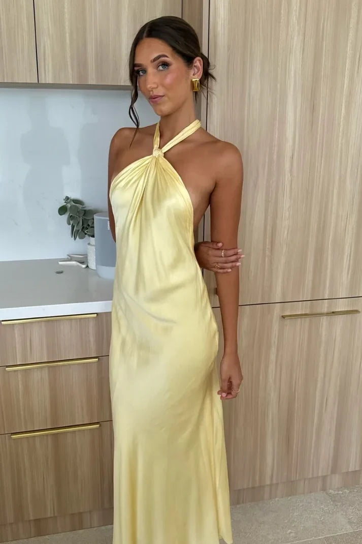 Trendy Sheath Halter Neck Yellow Satin Long Party Dress with Backless - View 3 | VelvetHem