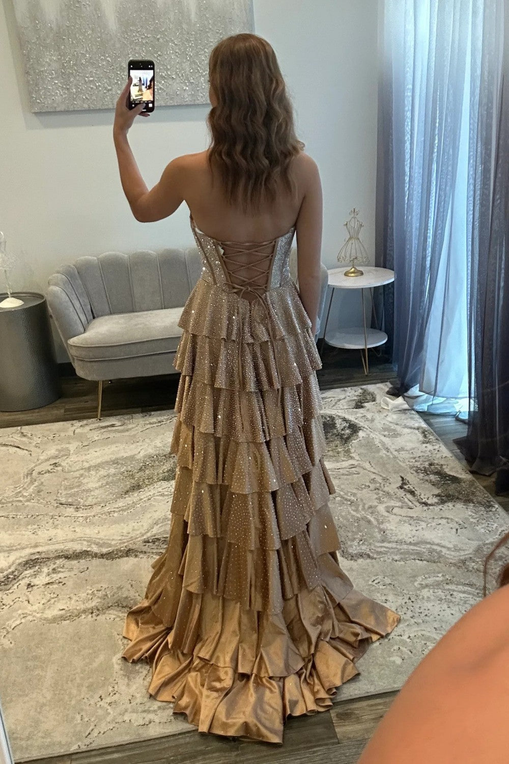 Chic A Line Strapless Champagne Corset Prom Dress with Beading Ruched - View 2 | VelvetHem