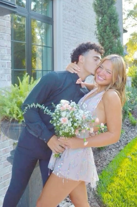 Bling A Line Halter Neck Light Grey Short Homecoming Dress with Sequins