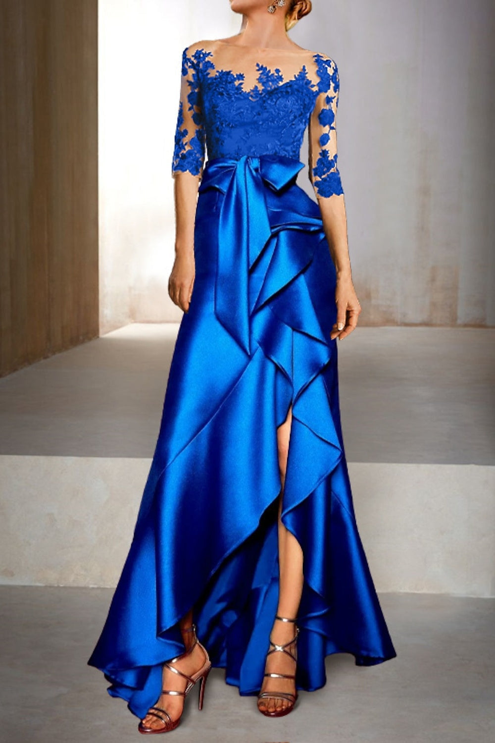 Trumpet Jewel Neck Half Sleeve Long Mermaid Mother of the Bride Dress With Appliques & Bow(s)