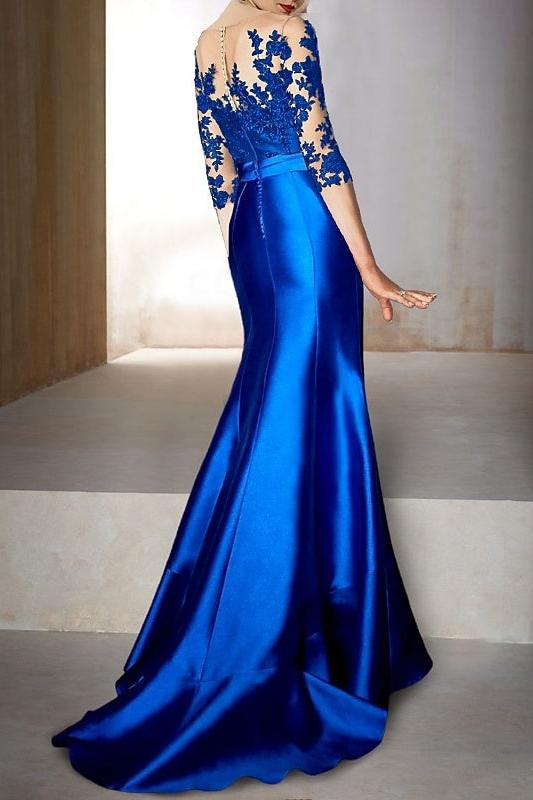 Trumpet Jewel Neck Half Sleeve Long Mermaid Mother of the Bride Dress With Appliques & Bow(s)