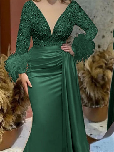 Trumpet Mermaid V Neck Satin Mother of the Bride Gown with Feather Glitter and Ruched Long Sleeves