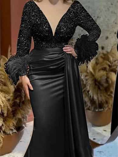 Trumpet Mermaid V Neck Satin Mother of the Bride Gown with Feather Glitter and Ruched Long Sleeves
