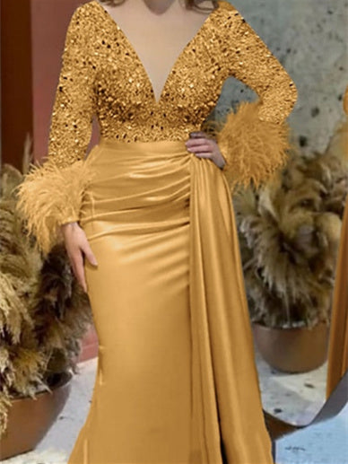 Trumpet Mermaid V Neck Satin Mother of the Bride Gown with Feather Glitter and Ruched Long Sleeves