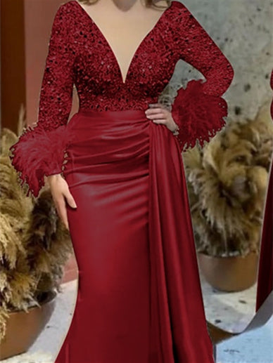 Trumpet Mermaid V Neck Satin Mother of the Bride Gown with Feather Glitter and Ruched Long Sleeves