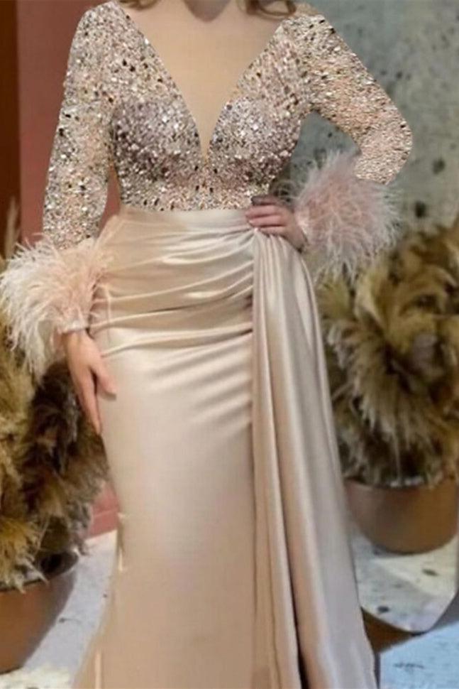 Trumpet Mermaid V Neck Satin Mother of the Bride Gown with Feather Glitter and Ruched Long Sleeves