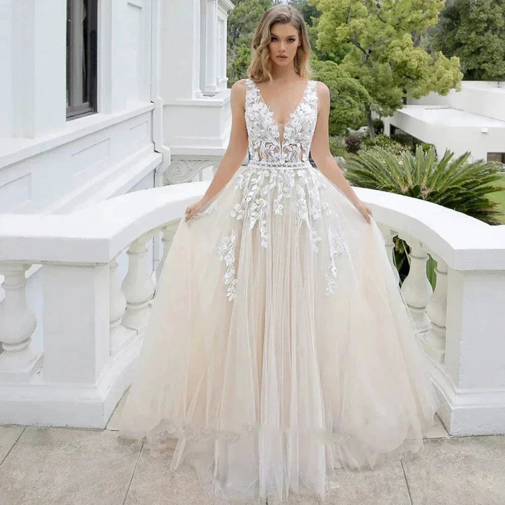 Tulle Appliques Wedding Dresses For Women 2023 Bride Deep V Neck A Line Court Train Backless Customised Robe De Mariée Vestidos (ZD14163)