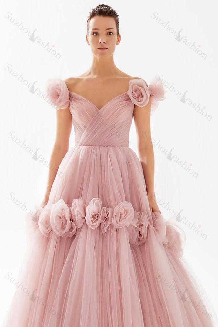 Tulle Off the Shoulder Sleeveless Long Evening Formal Dress With Flower Appliques