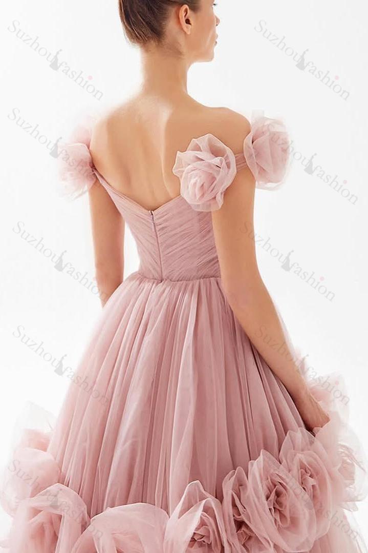 Tulle Off the Shoulder Sleeveless Long Evening Formal Dress With Flower Appliques