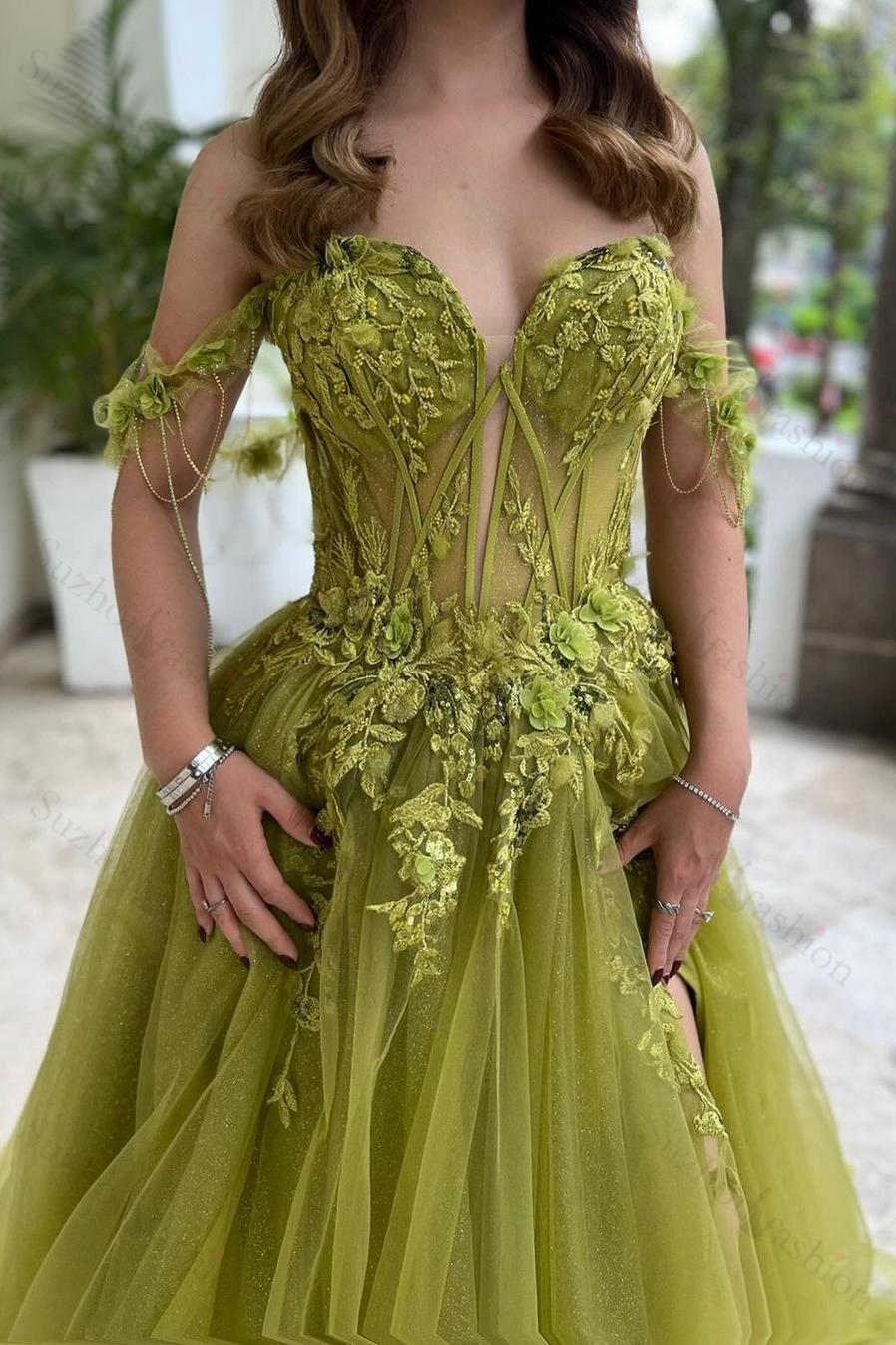 Tulle Off the Shoulder Sweetheart Sleeveless Split Evening Formal Dress With Appliques