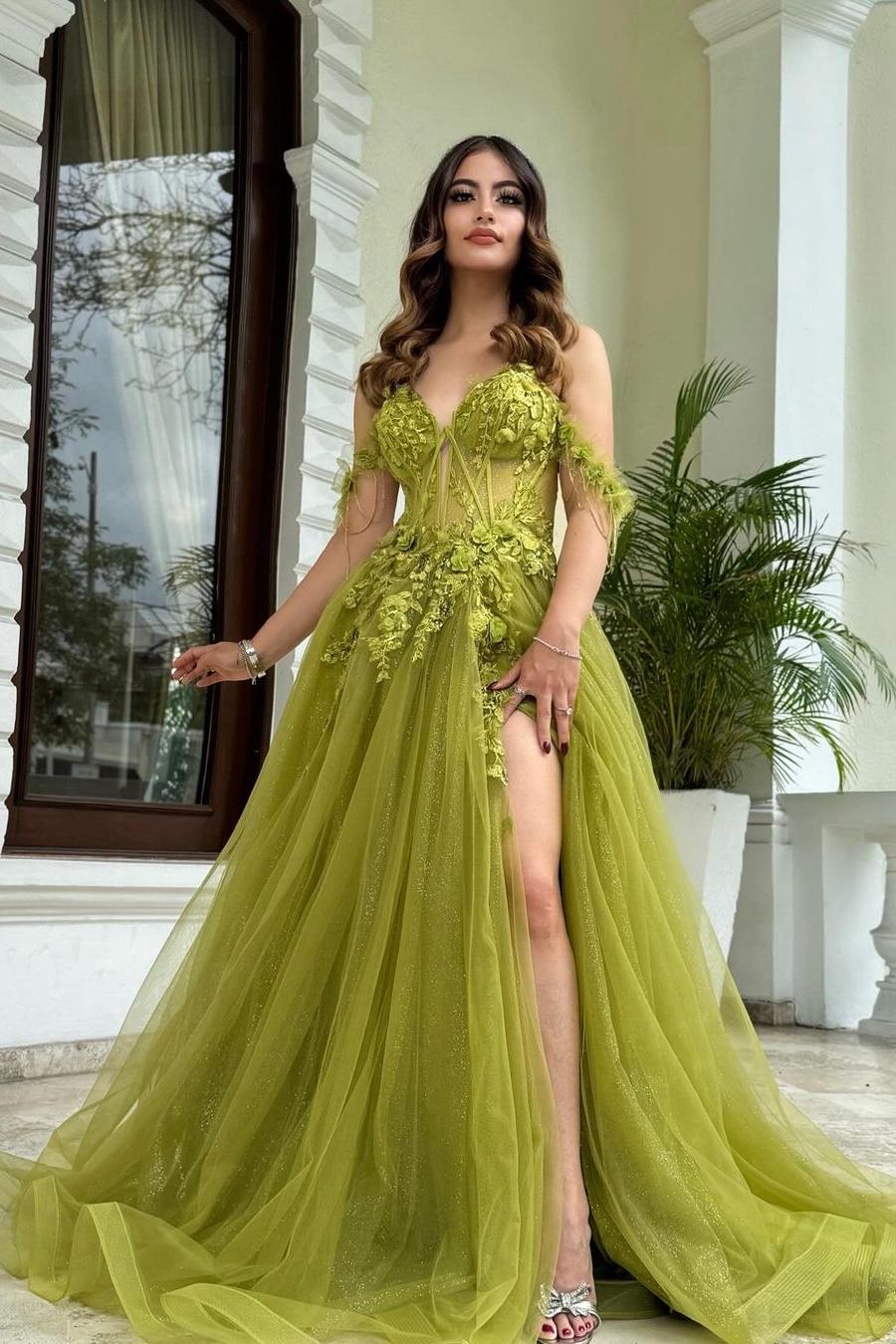 Tulle Off the Shoulder Sweetheart Sleeveless Split Evening Formal Dress With Appliques