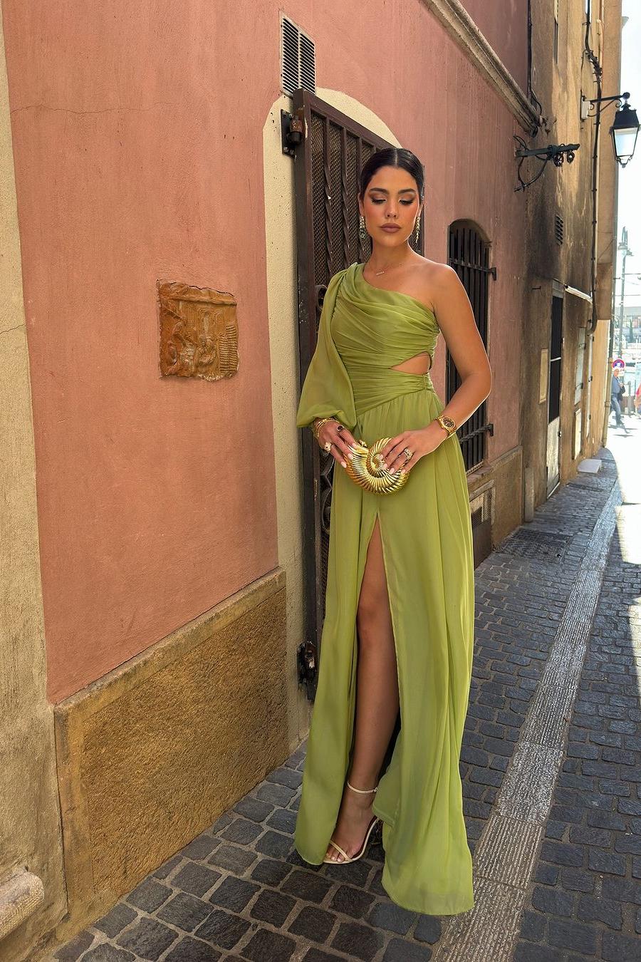 Tulle One Shoulder Long Sleeve Long Evening Formal Dress With Front Split