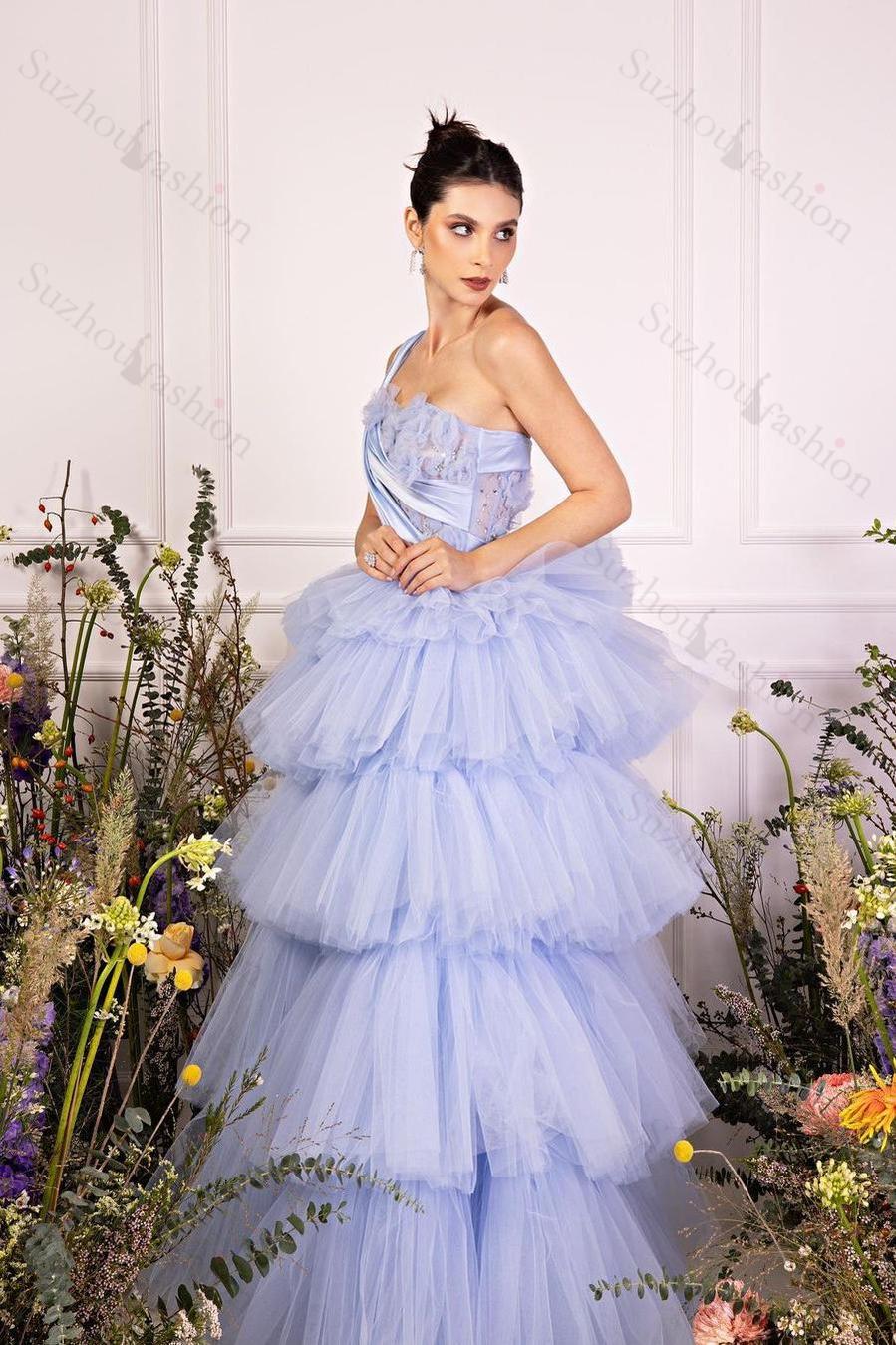 Tulle One Shoulder Sleeveless Ball Gown Long Evening Formal Dress