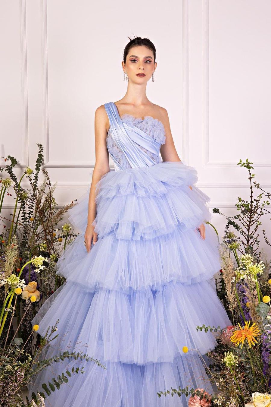 Tulle One Shoulder Sleeveless Ball Gown Long Evening Formal Dress