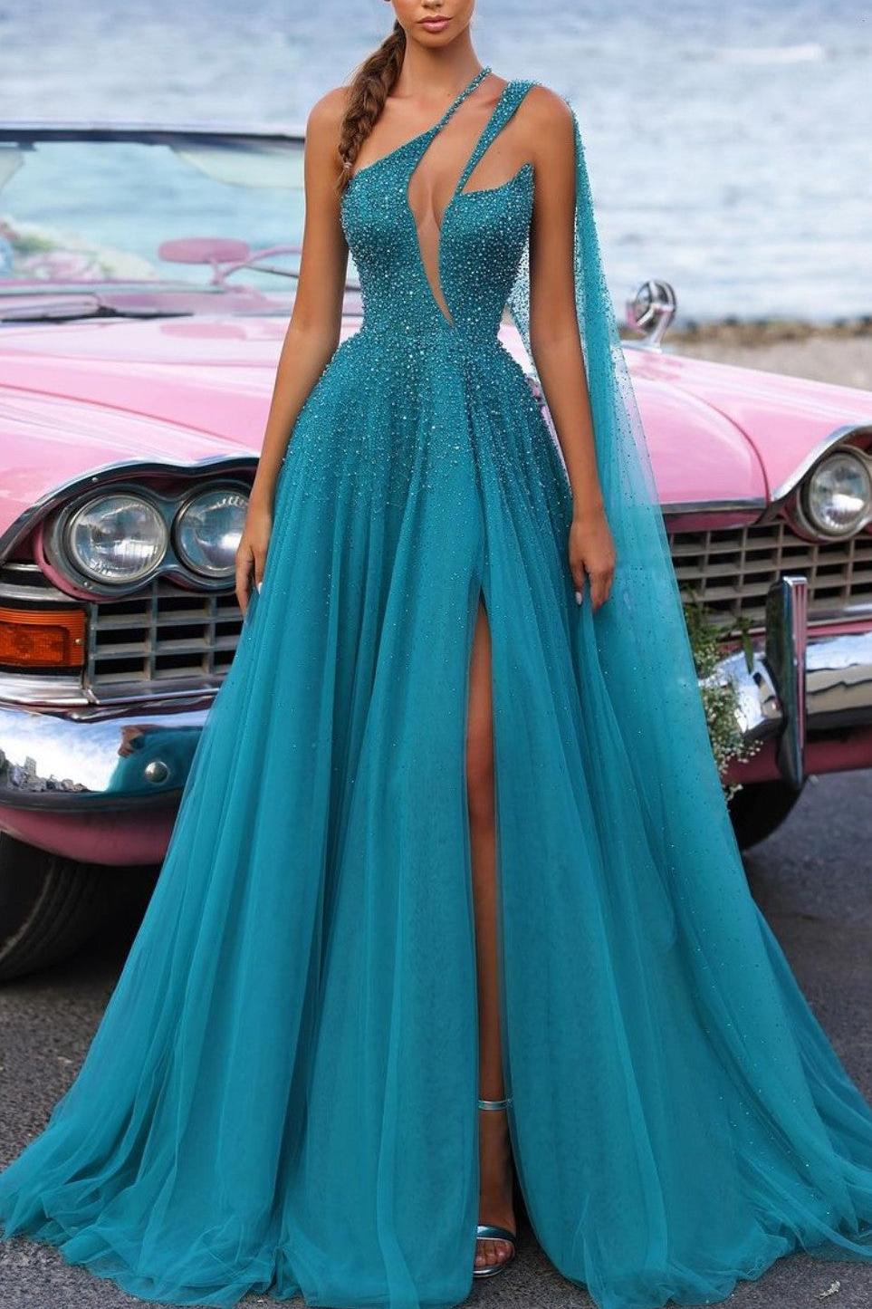 Tulle Prom Dress One Shoulder Green Sequined Evening Formal Dress With High Slit
