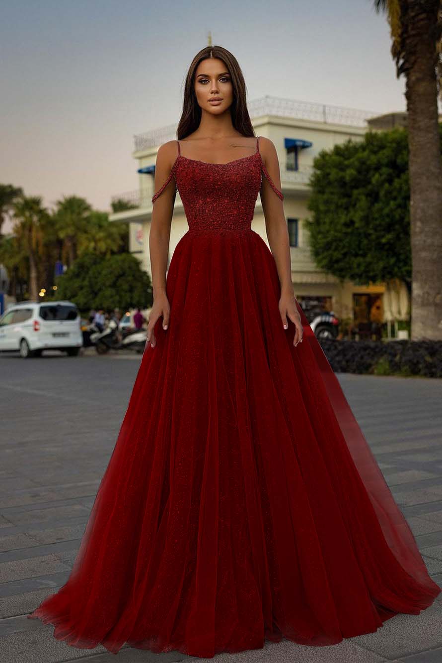 Tulle Spaghetti Strap Sleeveless A Line Long Evening Formal Dress With Sequined Beads