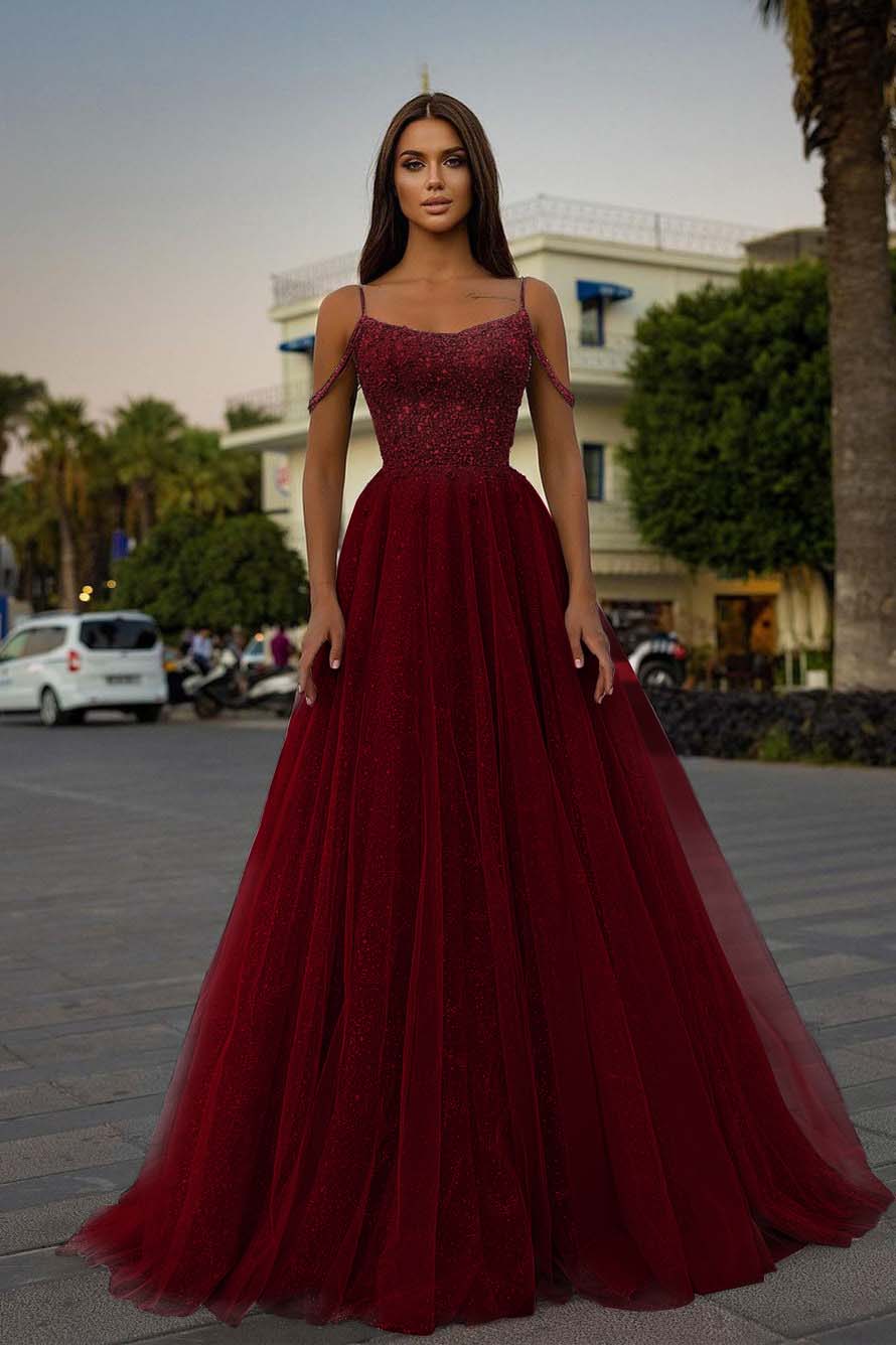 Tulle Spaghetti Strap Sleeveless A Line Long Evening Formal Dress With Sequined Beads