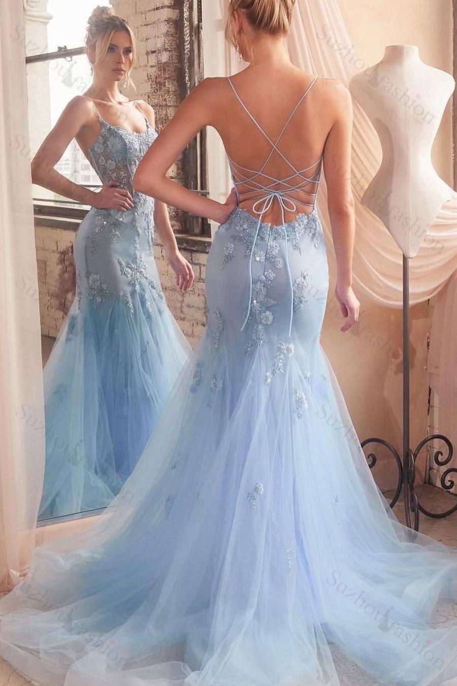 Tulle Spaghetti Strap Sleeveless Mermaid Long Evening Formal Dress With Appliques