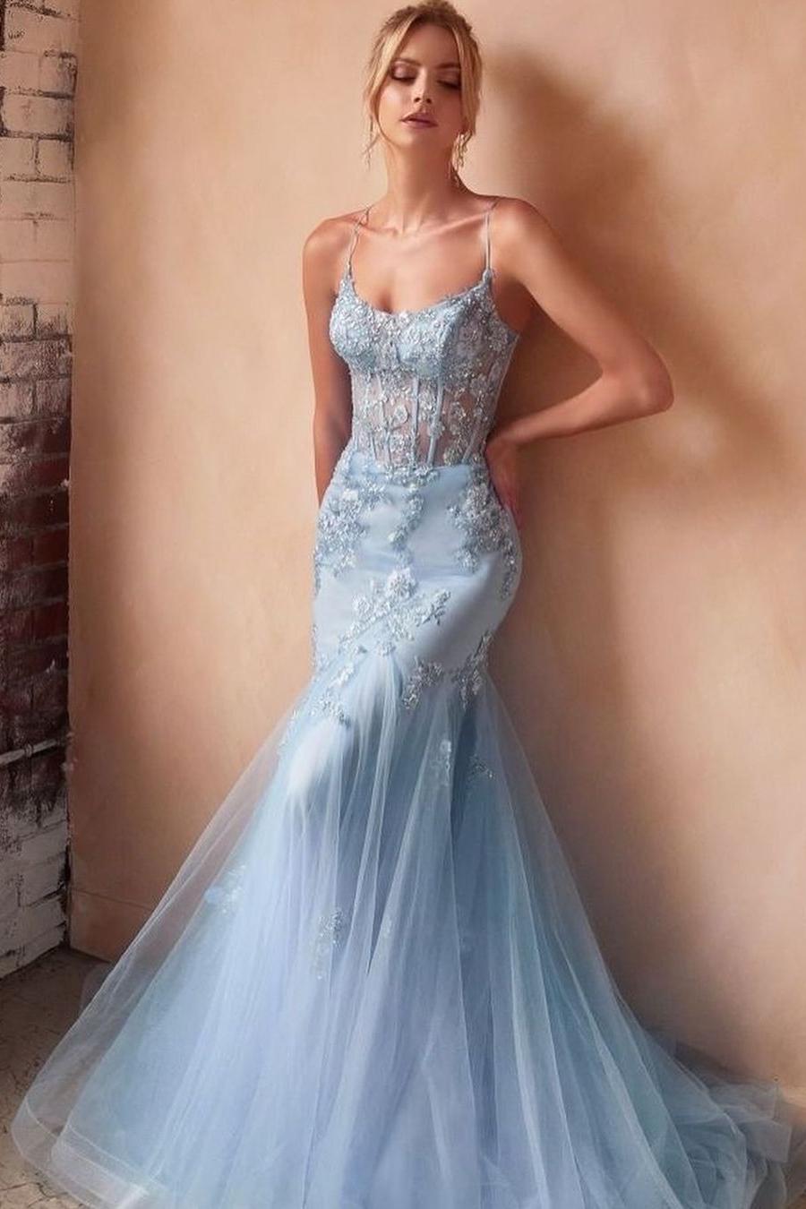 Tulle Spaghetti Strap Sleeveless Mermaid Long Evening Formal Dress With Appliques
